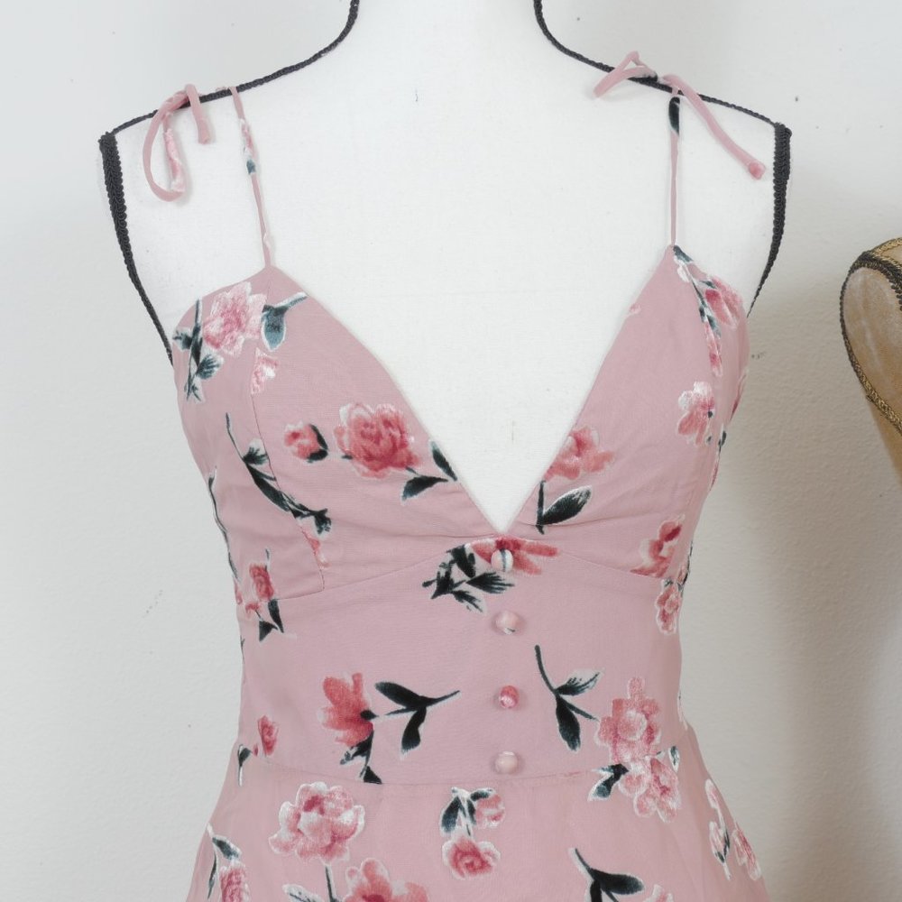 Tiger Mist Pink Velvet Roses Floral Tie Shoulder Strings SZ Small Mini Dress NWT - Picture 7 of 13